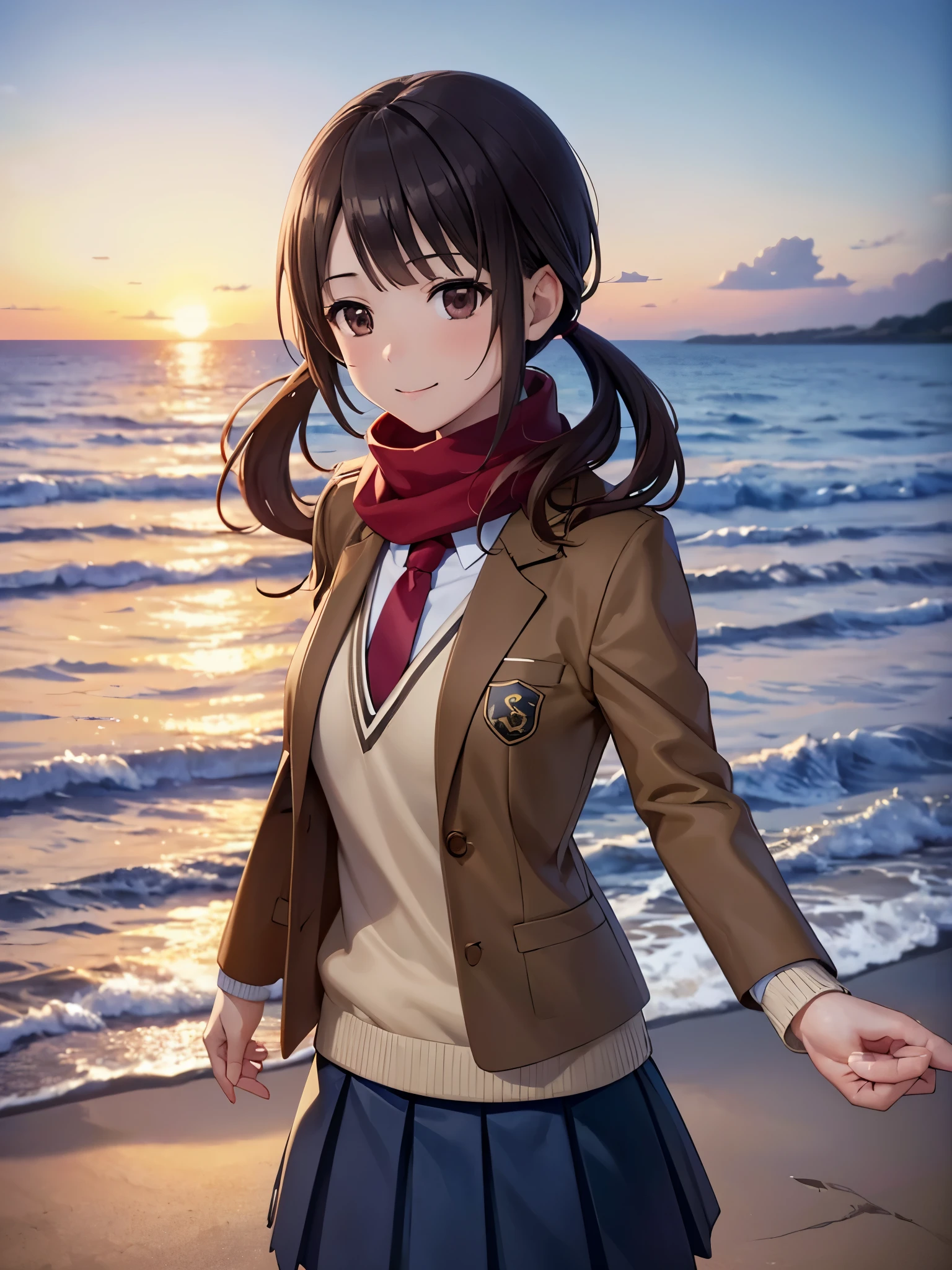 (16k,Ultra-high resolution,Best Quality,masterpiece, very detailed,Extremely clear CG),okitasawa, low twintails,Anatomically correct body, very detailed顔の特徴, Beautiful and perfect face,brown jacket, red necktie, yellow sweater vest, blue skirt, pantyhose,Evening coast,Standing on the beach,Realistic sea、sunset,Perfect Eyes,Place your arms behind your back.:1.3, angle from above ,Looking at the camera,Smiling at the audience,Red scarf,red cheek,((upper body Shot:1.3)),