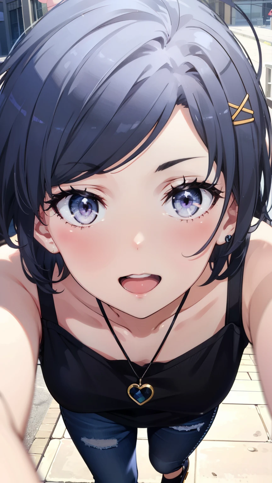 komachihikigaya, komachi hikigaya, short hair, Black Hair,  hair accessories, Ahoge, Hair Clip, x  hair accessories, (Purple eyes:1.1), teeth, happy smile, smile,  Open your mouth , Black tank top shirt ,Locket Necklace,Skinny Jeans, Stiletto Heels,morning,morning陽,The sun rises,walk,whole bodyがイラストに入るように,
break outdoors, construction area,
break looking at viewer,whole body,
break (masterpiece:1.2), Best Quality, High resolution, Unity 8K Wallpaper, (shape:0.8), ( beautiful attention to detail:1.6), Highly detailed face,  perfect lighting,  very detailed CG , (Perfect hands, Perfect Anatomy),