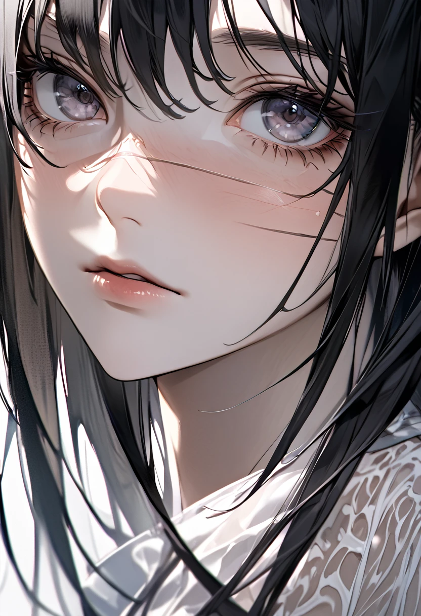 Beautiful Skin、Best Quality、High resolution、 anatomically correct、 textured skin、Ultra-delicate、Facial scars、Black Hair、Long Hair、Expressionless、（extreme close up）、Transparency、White shirt