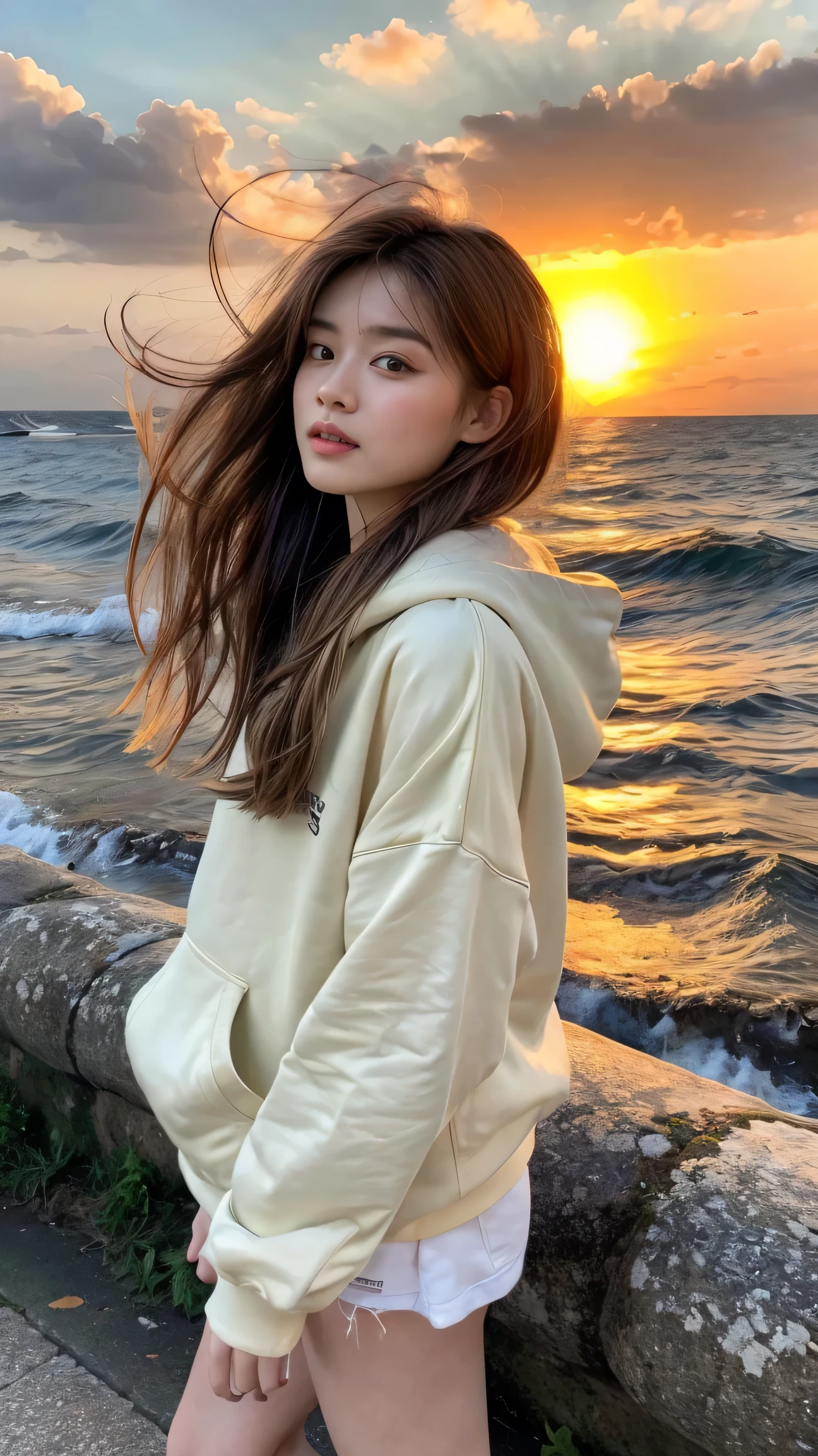 (Best Quality, Absolute Resolution, Super detailed, masterpiece), (Realistic), 8k, break (Detailed face), Delicate realistic skin texture, Green, 1 girl , Young woman, 20 years old, Delicate eyes, Beautiful deer eyes, Glossy Lips, ((From below)), (Too long sleeves , White Extra Large_ hoodie), ((Bare thighs)), ((White sneakers)), Outdoor, Mid-chest, Beautiful curves, (sunset Sandy Beach, Seaside), (((sunset light strong, sunset))), (Standing posture), (Gradient Brown Hair), ((((Hair blowing in the wind)))), (((Random Pause)))