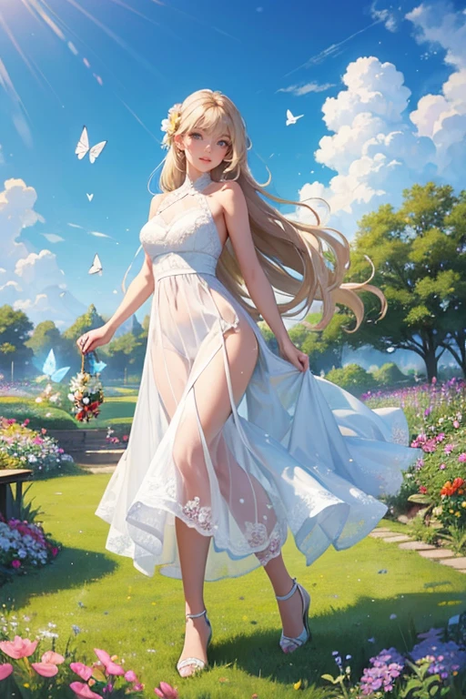 ((No bra, no panties, sheer white one-piece dress with blue roses))Yellow Hair,Yellow Eyes,Carly,Adorable,age Girls,White high heels on her feet,whole body,Fingers and arms are not exposed,Yellow rose flower field in background,Blue sky and white clouds,,Happy expression,High quality light and shadow,Artistic Sense((Hair Bun))(Very long hair))((Blunt bangs))((Bitch))((tsurime))((Big eyes))((Skinny body))((expensive))(Pale skin))((Botanical Prints))((infant))((Showing nipples under shirt))(Pale skin))((Botanical Prints))((infant))((nsfw))((((5 ye((infant)))((Lolita)