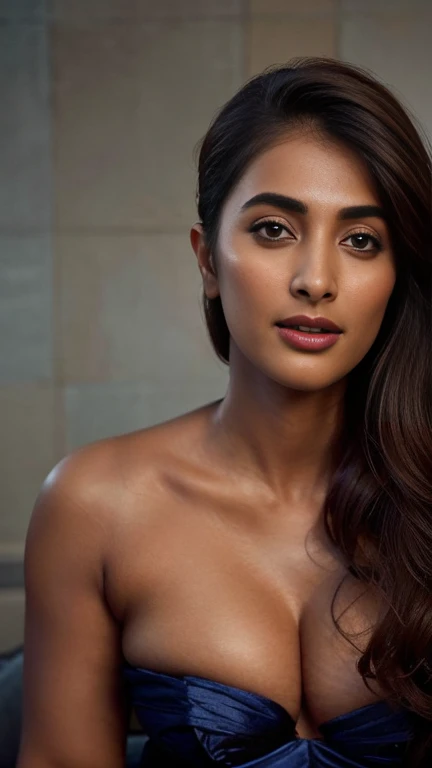 close-up portrait, (portrait photo), ((best quality)), masterpiece, 8k wallpaper, nikon, cinematic lighting, medium hair, ((blue iris)), (photorealistic:1.4), (pooja hegde), (as maid), (deep cleavage), bikini