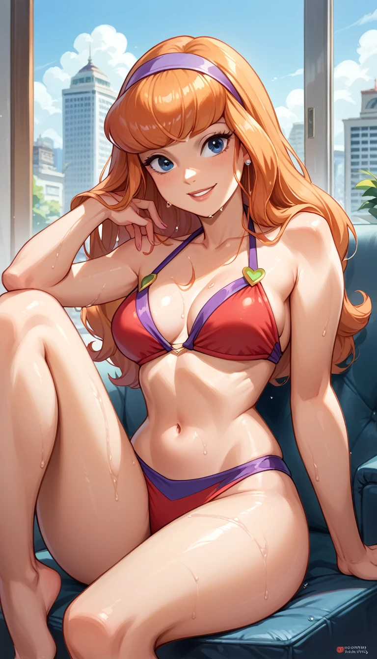 Instagram photo Daphne Blake, long wet hair, blue eyes and beautiful hair, (beautiful smile), (wears red bikini: 1.2), overlooking the city, sitting on a chair, dynamic pose, perfect anatomy