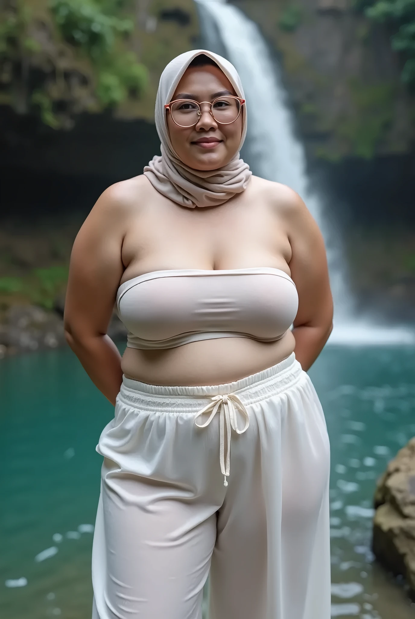 matured 40 years old chubby malay girl in hijab standing nude pose wear white panties and open leg wide showing below her pussy ass and smiling in a dark forest ,with eye close, bottom angle shot, wet body, wet face with ,