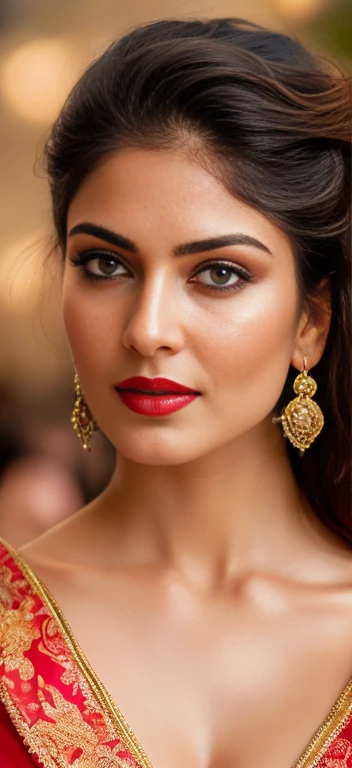 perfect pink eyes, fantastic face, Indian, beautiful look, ((red lips, bright eyes, curve heir 1.5)), ((beautiful details very big breast )), (Straight round and ultra huge clevage, not sagging breast), A glorious gorgeous, glorious gorgeous face, pretty face, bright eyes, detailed elegant printed red saree, updo elegant hair, blurred gray tones background, ultra focus, face ilumined, face detailed, 8k resolution, painted, dry brush, brush strokes, razumov style and garmash style, by Tokaito,  ((Full Open ))