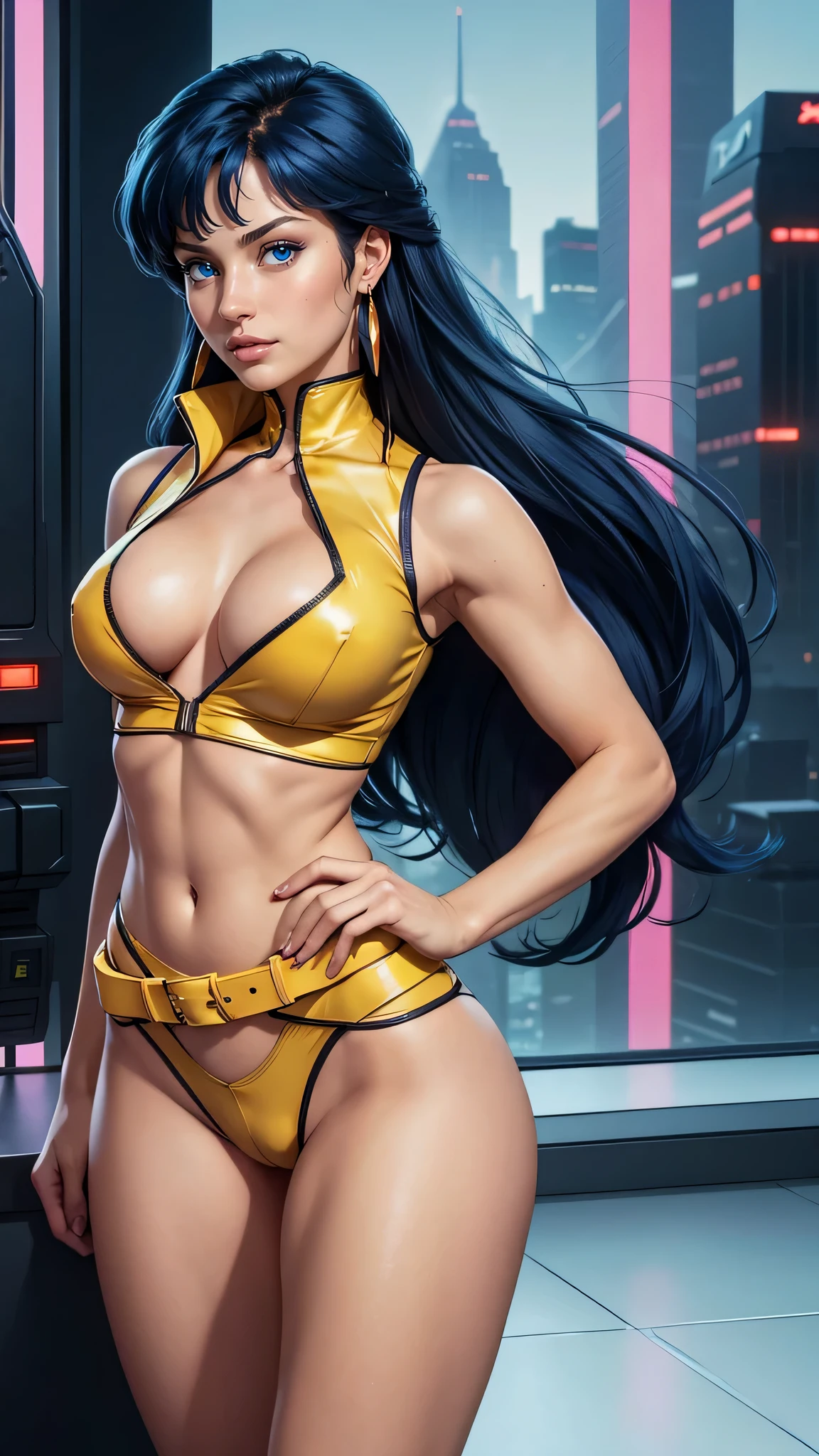 ((Masterpiece, highest quality; 1.3)), super quality, beautiful detail, super detailed, extra fine, 16K, exquisite, absurd, high resolution, beautiful background, detailed background, beautiful eyes, beautiful skin, anime style, dirtypairyuri, Dirty Pair Yuri in a skimpy white outfit, long blue hair, blue eyes, earrings, yellow uniform, yellow crop top, cutout, sleeveless, wearing tight clothing, skimpy, cleavage, cleavage, abs, obliques, muscular biceps, slim waist, slim thighs, thigh gap, showing stomach, skinny, thin hips, cyberpunk city background, retro space gun holding, 