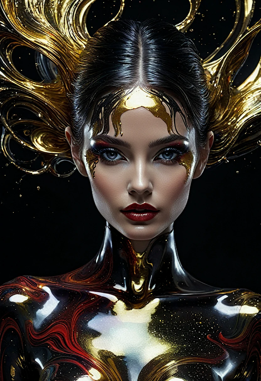 (body formed by galactic liquid mauevine and black metallic paint twisting into a beautiful interpretation of the female figure), au naturel,((complex galactic metallic colours in the foreground)), (( fluid mechanics, the loveliest smooth scale face makeup, smirky expression)) - red, black and gold, onyxia, metallic color palette g0s1