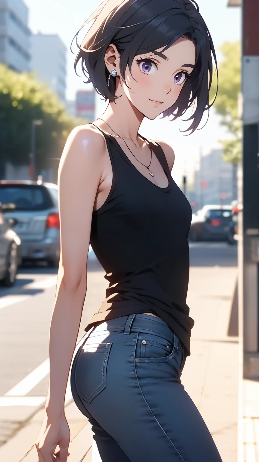 komachihikigaya, komachi hikigaya, short hair, Black Hair,  hair accessories, Ahoge, Hair Clip, x  hair accessories, (Purple eyes:1.1), happy smile, smile,  Black tank top shirt ,Locket Necklace,Skinny Jeans, Stiletto Heels,morning,morning陽を浴びる、歩く
break outdoors, construction area,
break looking at viewer,
break (masterpiece:1.2), Best Quality, High resolution, Unity 8K Wallpaper, (shape:0.8), ( beautiful attention to detail:1.6), Highly detailed face,  perfect lighting,  very detailed CG , (Perfect hands, Perfect Anatomy),