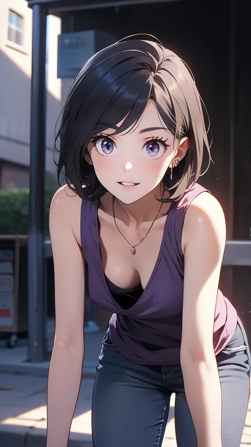 komachihikigaya, komachi hikigaya, short hair, Black Hair,  hair accessories, Ahoge, Hair Clip, x  hair accessories, (Purple eyes:1.1), happy smile, smile,  Black tank top shirt ,Locket Necklace,Skinny Jeans, Stiletto Heels,morning,morning陽を浴びる、歩く
break outdoors, construction area,
break looking at viewer,
break (masterpiece:1.2), Best Quality, High resolution, Unity 8K Wallpaper, (shape:0.8), ( beautiful attention to detail:1.6), Highly detailed face,  perfect lighting,  very detailed CG , (Perfect hands, Perfect Anatomy),