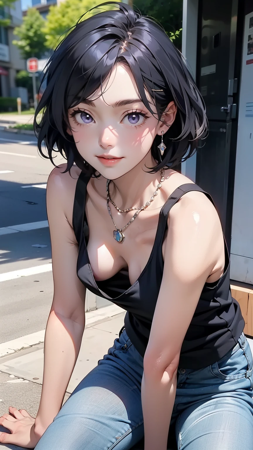 komachihikigaya, komachi hikigaya, short hair, Black Hair,  hair accessories, Ahoge, Hair Clip, x  hair accessories, (Purple eyes:1.1), happy smile, smile,  Black tank top shirt ,Locket Necklace,Skinny Jeans, Stiletto Heels,morning,morning陽を浴びる、歩く
break outdoors, construction area,
break looking at viewer,
break (masterpiece:1.2), Best Quality, High resolution, Unity 8K Wallpaper, (shape:0.8), ( beautiful attention to detail:1.6), Highly detailed face,  perfect lighting,  very detailed CG , (Perfect hands, Perfect Anatomy),