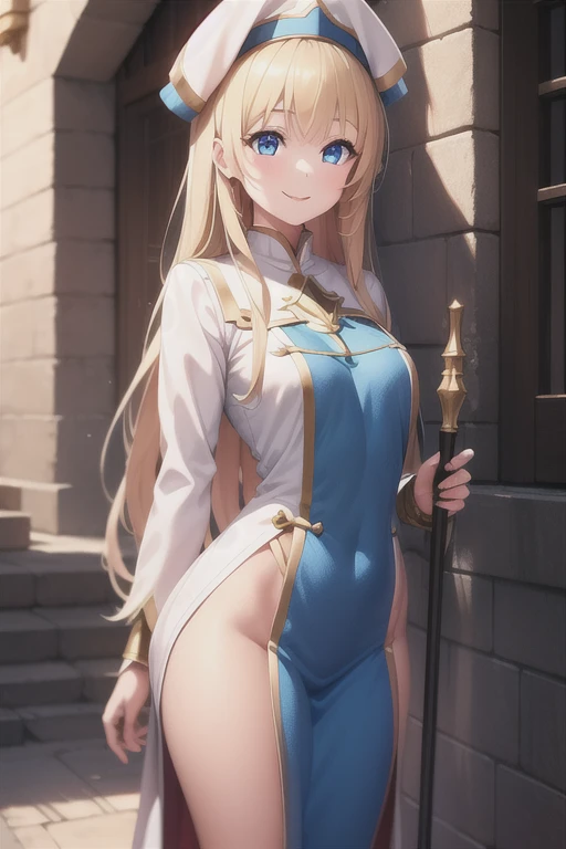 Best Quality, masterpiece,  1 girl , (Alone:1.1),  ray tracing, Super detailed,Detailed face, 8K wallpaper, Wide Hips, smile, Priestess NDV ,  1 girl , Blonde, blue eyes, medium breasts, Long Hair, White Dress,  white headwear, Thigh length, Have,  Outdoor,  Holding Staff 