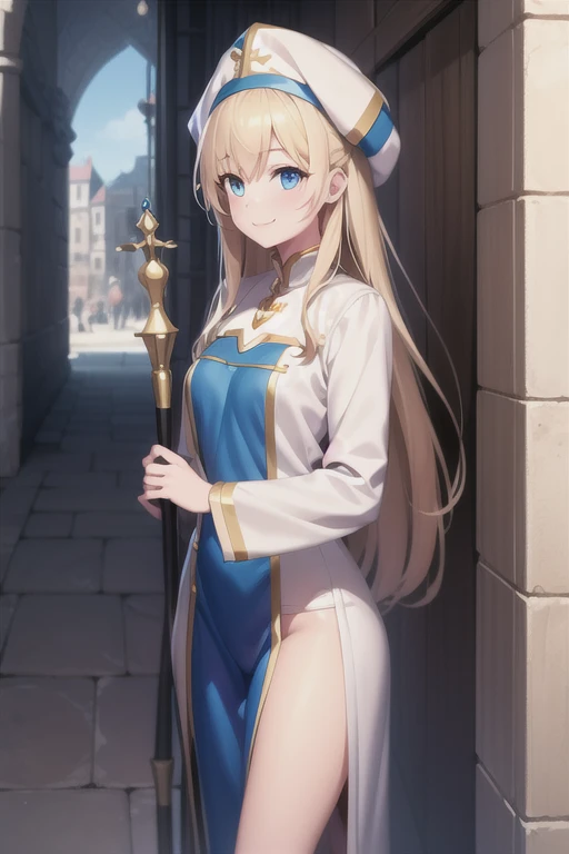 Best Quality, masterpiece,  1 girl , (Alone:1.1),  ray tracing, Super detailed,Detailed face, 8K wallpaper, Wide Hips, smile, Priestess NDV ,  1 girl , Blonde, blue eyes, medium breasts, Long Hair, White Dress,  white headwear, Thigh length, Have,  Outdoor,  Holding Staff 