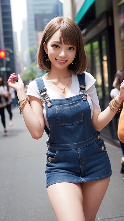 ((NSFW))、(( overalls miniskirt to wear over bare skin、On bare skin:1.5))、One 21-year-old girl、 short bob hair、Bronze Hair、blush、Big Breasts、Deep cleavage、Slender body、 beautiful long legs 、Short boots、bracelet、Earrings、necklace、Walking through New York's Skyscraper Street in the evening、Masterpiece:1.3、Photo quality、Ultra-detailed:1.3、Detailed Background、Best Quality、