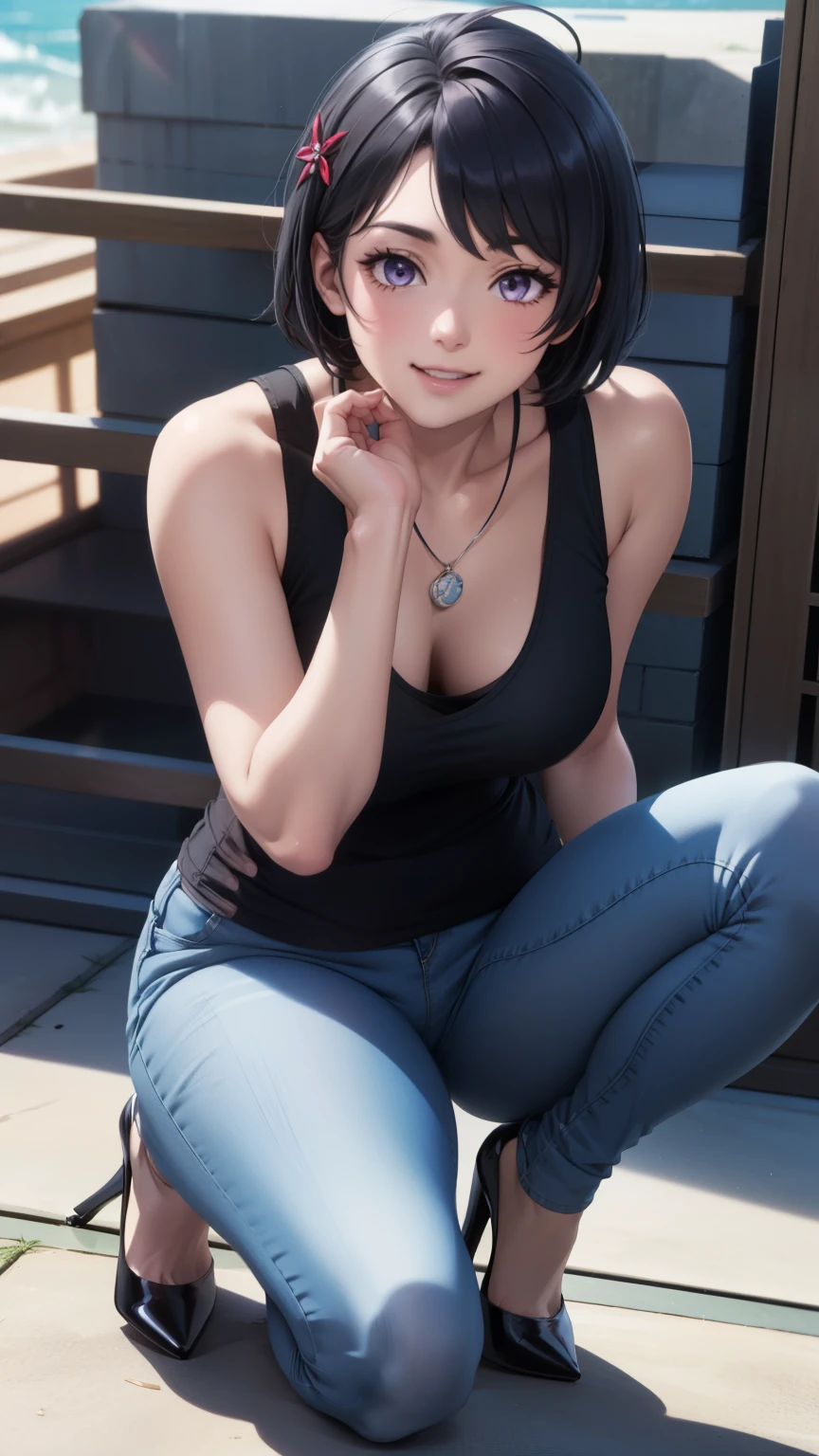 komachihikigaya, komachi hikigaya, short hair, Black Hair,  hair accessories, Ahoge, Hair Clip, x  hair accessories, (Purple eyes:1.1), happy smile, smile,  Black tank top shirt ,Locket Necklace,Skinny Jeans, Stiletto Heels,morning,morning陽を浴びる
break outdoors, construction area,
break looking at viewer,
break (masterpiece:1.2), Best Quality, High resolution, Unity 8K Wallpaper, (shape:0.8), ( beautiful attention to detail:1.6), Highly detailed face,  perfect lighting,  very detailed CG , (Perfect hands, Perfect Anatomy),