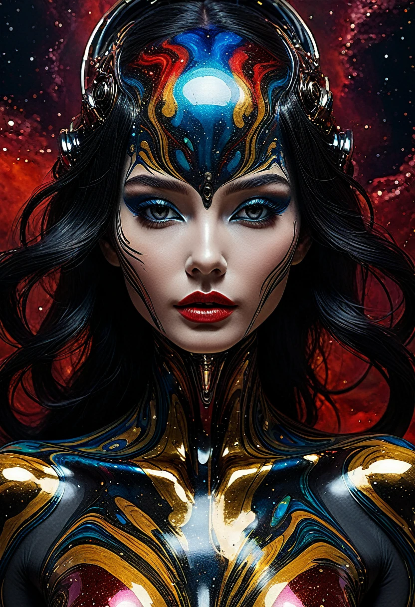 (body formed by galactic liquid mauevine and black metallic paint twisting into a beautiful interpretation of the female figure), au naturel,((complex galactic metallic colours in the foreground)), (( fluid mechanics, the loveliest smooth scale face makeup, smirky expression)) - red, black and gold, onyxia, metallic color palette g0s1