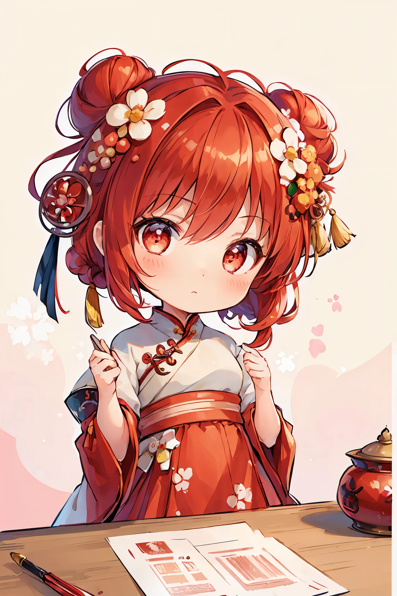 ((masterpiece)), accurate, textured skin, ((super detail)), high quality, high details, highres, best quality, chibi, 2 heads, deformed character, red hair, hair bun, Traditional Chinese clothing, Hanfu, floral costume, hairpin, red hair, hair bun, bright pupils, happy, laughing