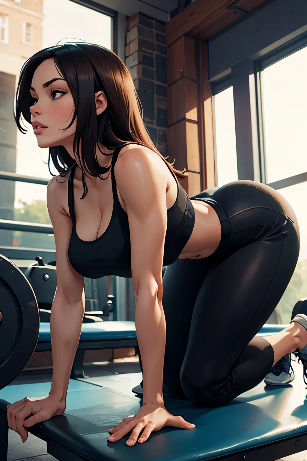 lucy pinder, portrait, smiling, gym, back,