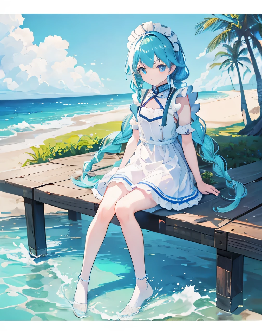 masterpiece, best quality, extremely detailed, (illustration, official art:1.1), 1 girl ,(((( light blue long hair)))), ,(((( light blue long hair)))),light blue hair, ,10 years old, long hair ((blush)) , cute face, big eyes, masterpiece, best quality,(((((a very delicate and beautiful girl))))),Amazing,beautiful detailed eyes,blunt bangs((((little delicate girl)))),tareme(true beautiful:1.2), sense of depth,dynamic angle,,,, affectionate smile, (true beautiful:1.2),,(tiny 1girl model:1.2),)(flat chest)),masterpiece,best quality, masterpiece, highres, solo, (arisu_bluearchive:1.10), 1girl, absurdly long hair, black dress, blush, frilled apron, looking at viewer, maid apron, maid headdress, official alternate costume, ponytail, puffy short sleeves, white apron, borrowed clothes, open mouth,white thighhighs, black footwear, holding mop, shoes, simple background, white background, :d, broom, garter straps, ribbon, water, Picture holding a bamboo broom

