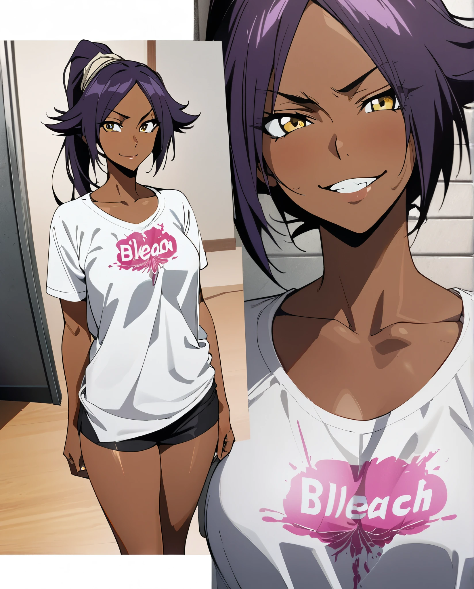 1girl, anime, illustration, Shihouin Yoruichi, Bleach, detailed face, purple hair, perfect yellow eyes, ((dark skin)), beautiful tshirt , smirk , masterpiece, 8k, top quality, fine pore, ultra detailed, (high skin detail:1.2), extremely detailed, sharp focus, Cowboy Shot, full body image, Moaning