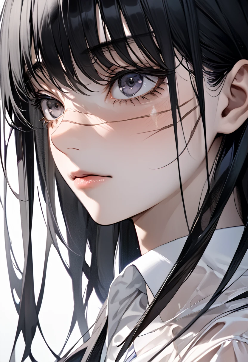 Beautiful Skin、Best Quality、High resolution、 anatomically correct、 textured skin、Ultra-delicate、Facial scars、Black Hair、Long Hair、Expressionless、（extreme close up）、Transparency、White shirt