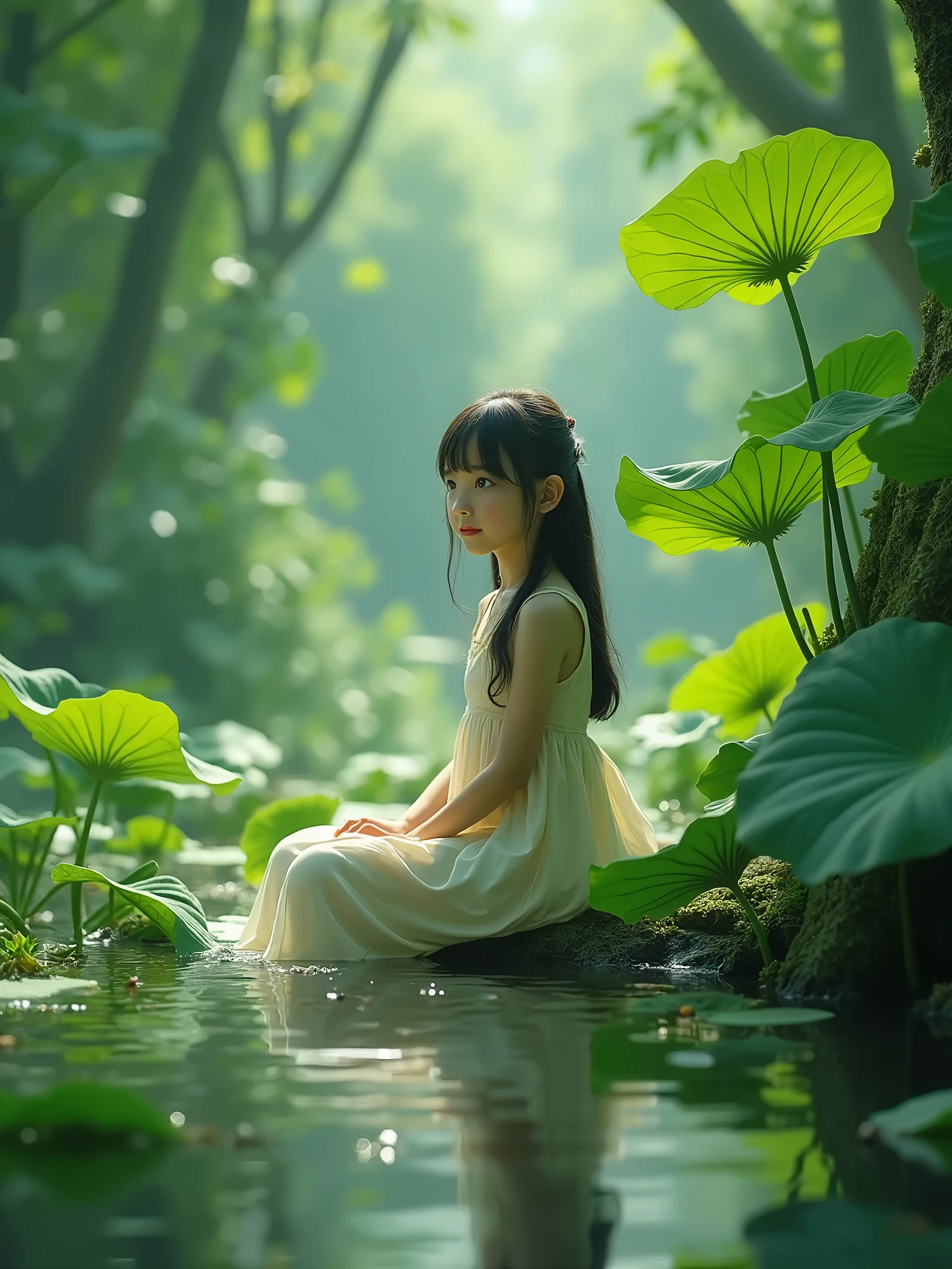 There is a little girl sitting on a stump in the water, in Baiyun Wonderland, in Baiyun Wonderland, lying in Baiyun Wonderland, a maid in a magical forest, in a magical forest, fairy tale style background, forest background, a forest with rabbits, fantasy fairy tale, white (cat) girl, loli, white hanfu, black hair. --auto --s2