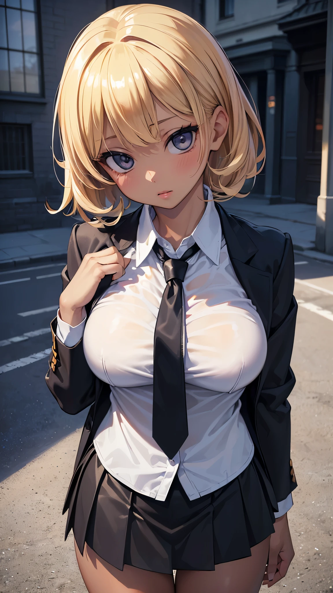  High resolution, (masterpiece:1.4), Super detailed, masterpiece:1.2,Super high quality 1.2,european girl,alone,25 years old,beautiful face,complicated eye explanation,very thin body,big breasts,blonde,hair above one eye,(medium side cut, blonde hair,),sharp focus,suit,