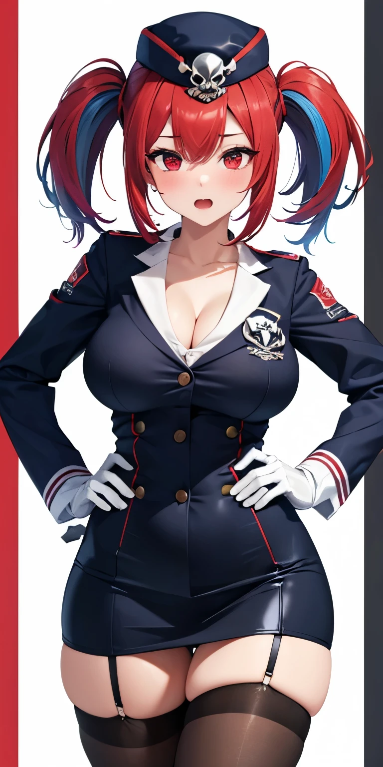 1 Female,High definition,high resolution,Ultra-realistic,8K, 1girl, solo, red hair, red eyes, twintails, employee uniform, pencil skirt, skull print, navy cap, fang, black legwear, white gloves, large breasts,European,sexy,Upper body close-up,Photographed from the front,Dynamic Angles,(blush), (medium tits) , multicolored hair 