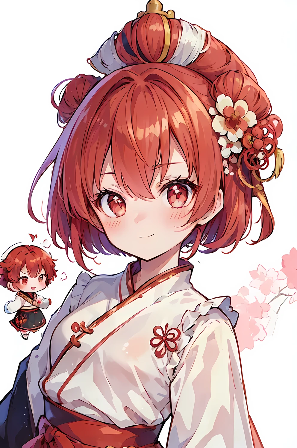 ((masterpiece)), accurate, textured skin, ((super detail)), high quality, high details, highres, best quality, chibi, 2 heads, deformed character, red hair, hair bun, Traditional Chinese clothing, Hanfu, floral costume, hairpin, red hair, hair bun, bright pupils, happy, laughing