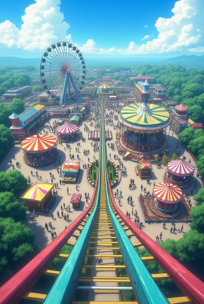 (Best Quality,Extremely detailed depiction, incredible high definition,High quality anime drawings), Scenery of the amusement park seen from the top of the roller coaster,A bustling amusement park , Many amusement park facilities can be seen ,Customer, Staff in costumes ,Merry-go-round,Ferris Wheel,