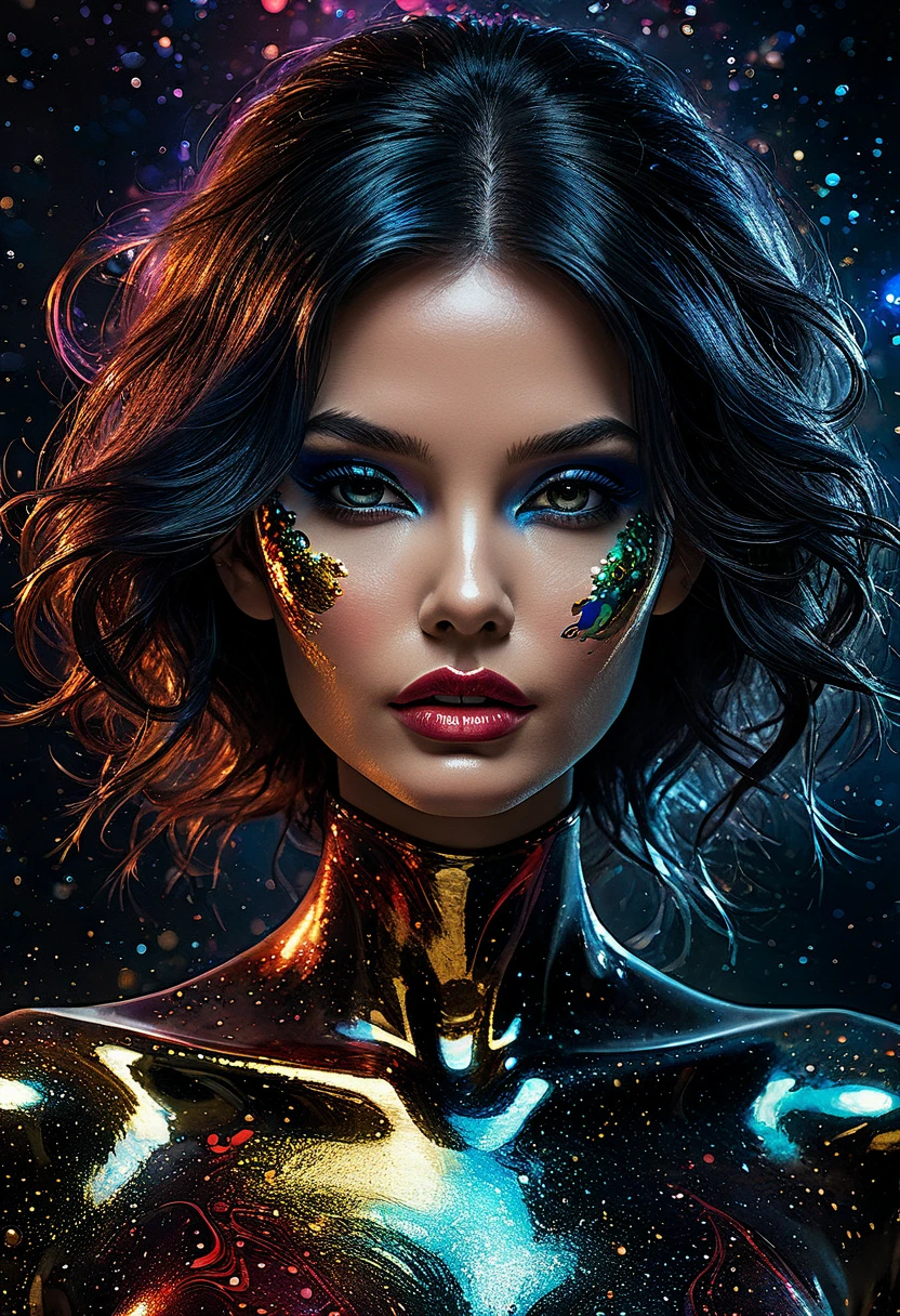 (body formed by galactic liquid mauevine and black metallic paint twisting into a beautiful interpretation of the female figure), au naturel,((complex galactic metallic colours in the foreground)), (( fluid mechanics, the loveliest smooth scale face makeup, smirky expression)) - red, black and gold, onyxia, metallic color palette g0s1