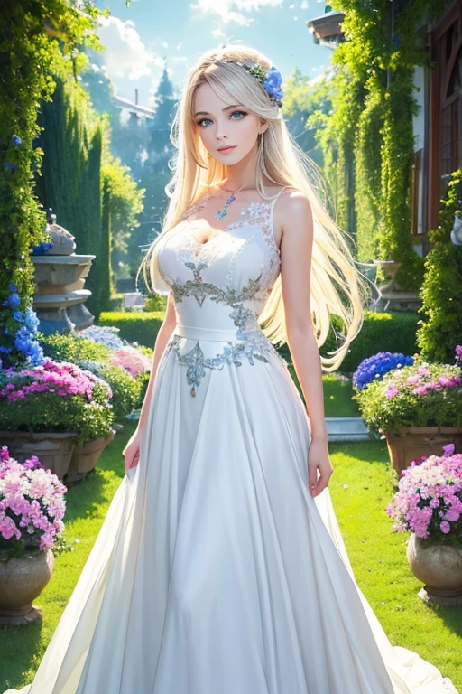  (Best Quality,  8k, High resolution, masterpiece),  1 silver blonde girl, Height: 165cm, A biologically healthy body, Well-balanced body type, Large Breasts, Pretty and cute face ,  Beautiful Illustration , Beautiful paintings, Beautiful art, White lace half dress,  Happy Flower Garden , Playing with Butterflies ,Pose, Look at me and smile, Unique creations and depictions , Garden Background, Vibrant colors, particle,  blue sky, cloud, wind, flower, 