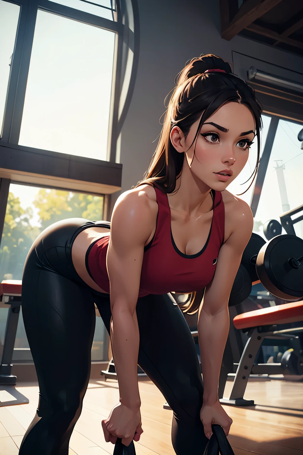 a sexy brunette woman with a round, slender backside working out in a gym, knees and hands touching the bench, bent over, perfect anatomy, correct anatomy, wearing tight pants and a tank top, extremely detailed, natural lighting, high resolution