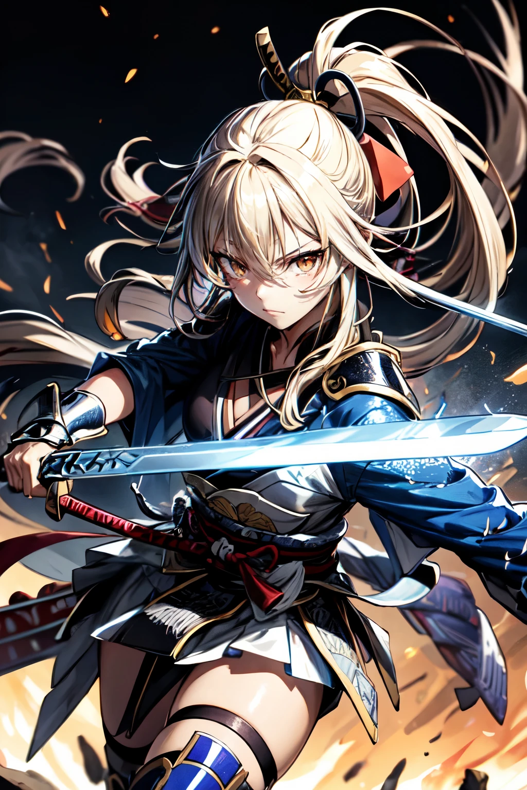 One Girl,anime,Anatomically correct, A series of character actions,,ponytail, masterpiece, Textured Skin, Action Painting, Heavy makeup, Brown Skin,Perfect Face,Perfect Eyes,samurai,samurai,Sengoku Warlordsの鎧,Waist Armor,A blow with a sword,Small breasts,Thin thighs,Combat with enemies,Calm expression,Flame Attribute,Yellow Hair,Sengoku Warlords,Battle of Sekigahara,Glowing sword effect,transparent sword