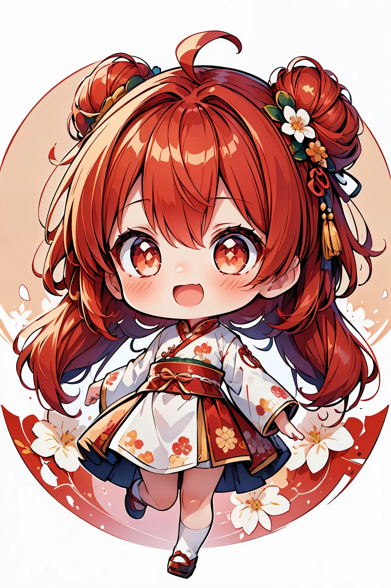 ((masterpiece)), accurate, textured skin, ((super detail)), high quality, high details, highres, best quality, chibi, 2 heads, deformed character, red hair, hair bun, Traditional Chinese clothing, Hanfu, floral costume, hairpin, red hair, hair bun, bright pupils, happy, laughing