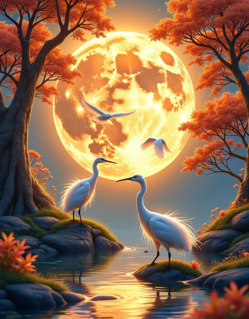  Draw an illustration depicting two egrets flying on a gold background in classical oriental style ， The leaves of the trees show orange and gray colors 。 The background is also dotted with some flying birds ， their feathers are white as snow ， The whole picture creates a quiet and mysterious night atmosphere by comparing the white feathers of egrets 。 forming a natural picture ， The moon is in the image ， adding a touch of autumn to the picture ， wings spread out ， details of branches and leaves 。 x} The background of the picture is a warm layer of gold ， to form a perfect circle ，Surrounded by branches and leaves， with the seven chakras surrounding each other ， flying high in the moonlight 。On the ground， together with the egrets ， create a vivid picture of the night sky ， The subjects are two elegant egrets 。 these elements and the moon The spectrum of yoga poses with seven chakras that contrast ， They are either high or low ，Far or near ， The golden glow of the moon and the movement of flying birds in the background 。 The outlines of the hills and trees loom in the moonlight 、 ， and the longing for a quiet night 。 This descriptor aims to convey a kind of praise for the beauty of nature through a description of classical Oriental style ， add a kind of power to the moon 、 symbolize the brilliance of the moon 、 detailed description of the colors of the hills and trees on the ground and the movement of egrets and flying birds ， help you or AI painting tools to better capture and express the oriental aesthetics and serene beauty of this illustration,  bioluminescence ，colorful light， adds a peaceful atmosphere to the whole scene ， bright colors ，An explosion of colors，Complex things around，Complex background ，Holy，Dreamy，Cosmic，Exciting，Pineal gland，Like a dream，（Denoising strength：1.45），（masterpiece：1.37）， surrealism ，God's light，Ray Tracing，Ultra HD，Award-winning，1mlgp1