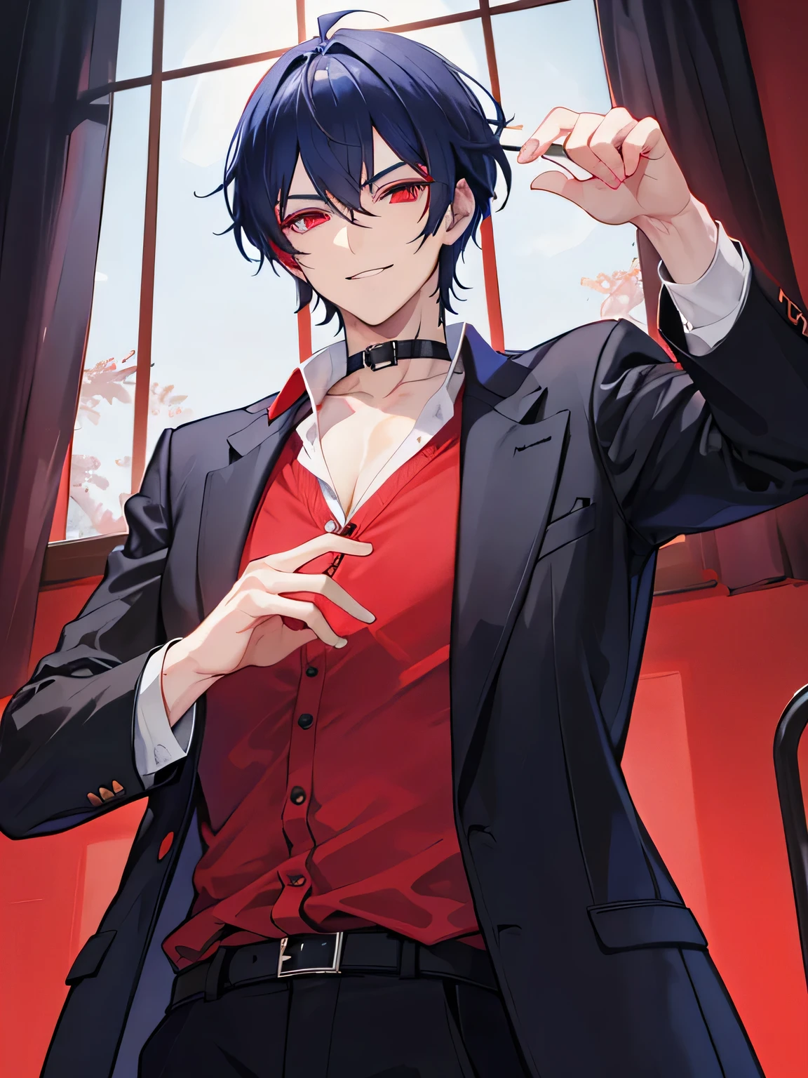 Boy with cat ears, 18 years old, red eyes, long black hair, with black fox tail, sadistic smile, vampire teeth, forest background, medieval clothes, shirtless