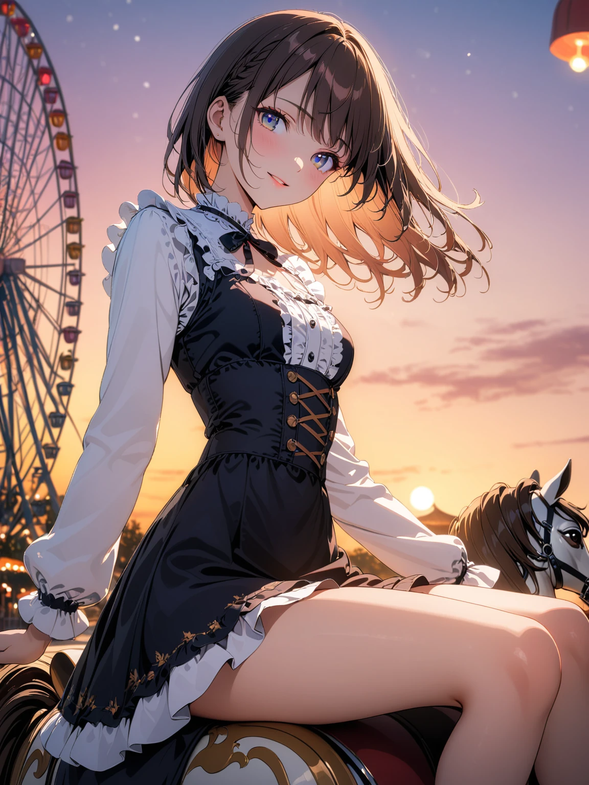 (masterpiece, best quality, very aesthetic, absurdres), 1girl, solo, perfect body, anatomically correct, beautiful eyes, natural makeup, 

anime-style beautiful girl sitting on a carousel fake horse, white long-sleeved ruffled blouse, 
dynamic angles, looking at viewer, her hair blowing in the wind, 

nostalgic atmosphere, sunset lighting, a crescent moon high in the sky, warm glow, gentle smile, detailed carousel decorations, ferris wheel, vintage amusement park background, 

(8k, RAW photo), (extremely detailed wallpaper), shallow depth of field, bokeh, blurry background, 85mm lens, out of focus lights in background, 