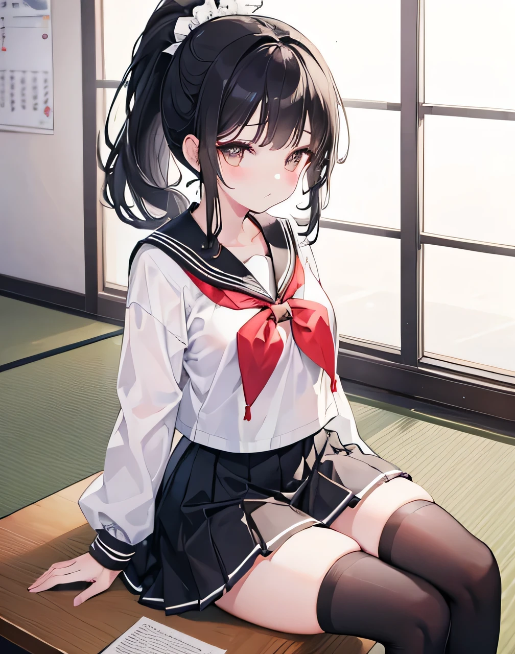NSFW, A Masterpiece, BEST QUALITY, Ultra High definition, Top Resolution, High detail, the anime, Wet Body, One girl, Put your hands on the desk, Watching the Viewer, look up, Angle from front, (metaphorically) open one's legs, Student uniforms, short Hair, red eyes, semi-long hair, School classrooms