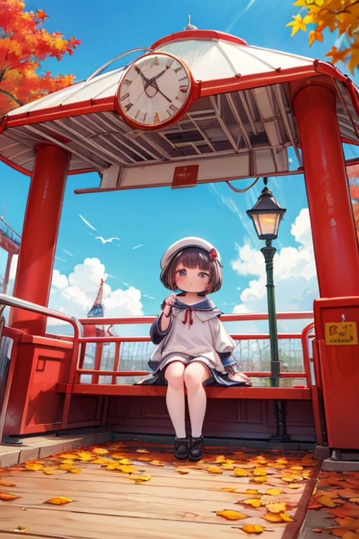  cute girl ，  anime girl  ,Ocean views from inside an amusement park ferris wheel， High resolution, autumn、autumn leaves，，detailed, 32K，Lighthouse，Super giant robot，