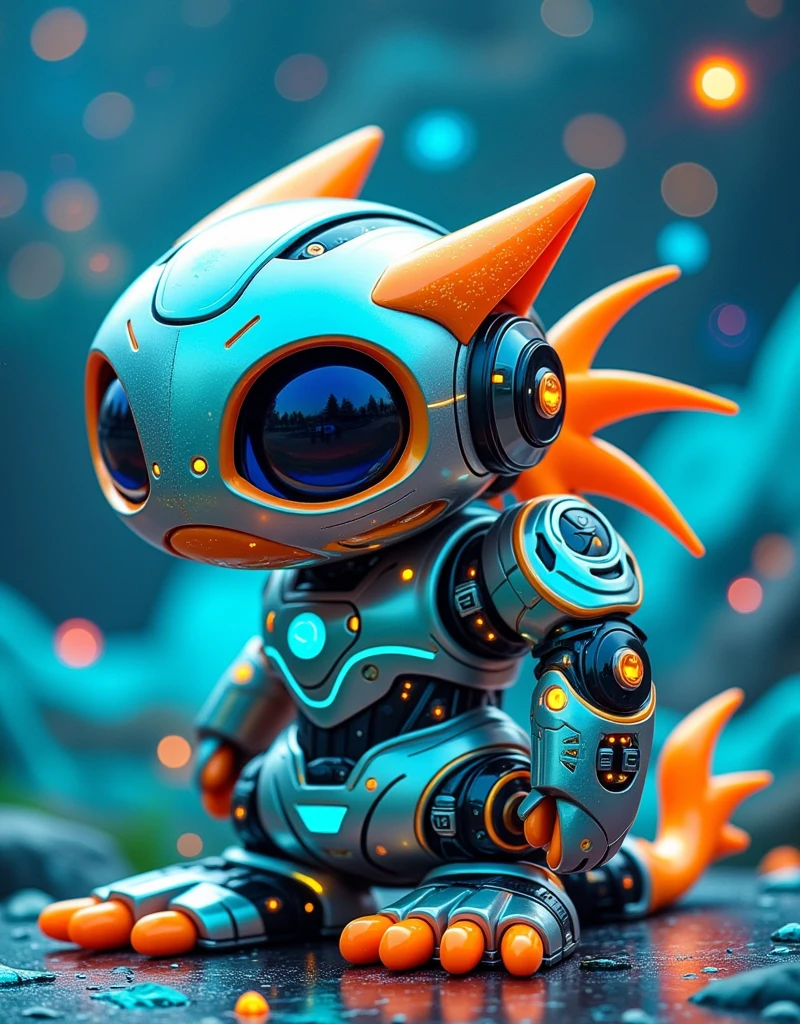  summons a picture of a mechanical creature with a sense of futuristic technology 。 is converted into electricity ， A mechanical creature model with huge blue eyes comes to life， Its eyes sparkle with wisdom ，It is as if you can see the mysteries of the universe。 The heads of creatures are adorned with orange horns ， with fine details on the corner like a symbol of an ancient civilization ， and tells an untold story 。 The body and limbs cover the metal ， Each metal plate has been carefully polished ，Reflects a charming luster ， and those luminous decorations that adorn them ， like a star in the night sky ，} adds a mysterious sense of the future to this mechanical creature 。The tail is orange， The end is cleverly designed to resemble a claw ， The end is cleverly designed to resemble claws 。 The whole model seems It's a creature from science fiction ， Every detail reveals the pursuit of perfect craftsmanship ， and an infinite imagination of the future world , 1ltss1