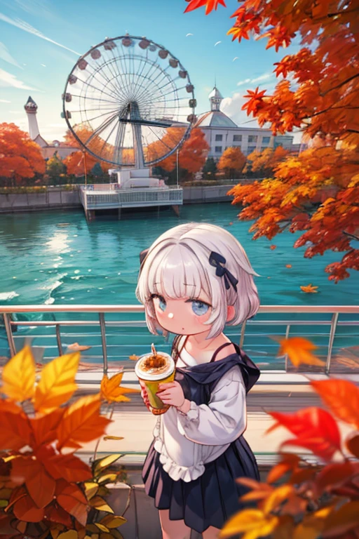  cute girl ，  anime girl  ,Ocean views from inside the amusement park's large ferris wheel， High resolution, autumn、autumn leaves，，detailed, 32K，Lighthouse，Super giant robot，