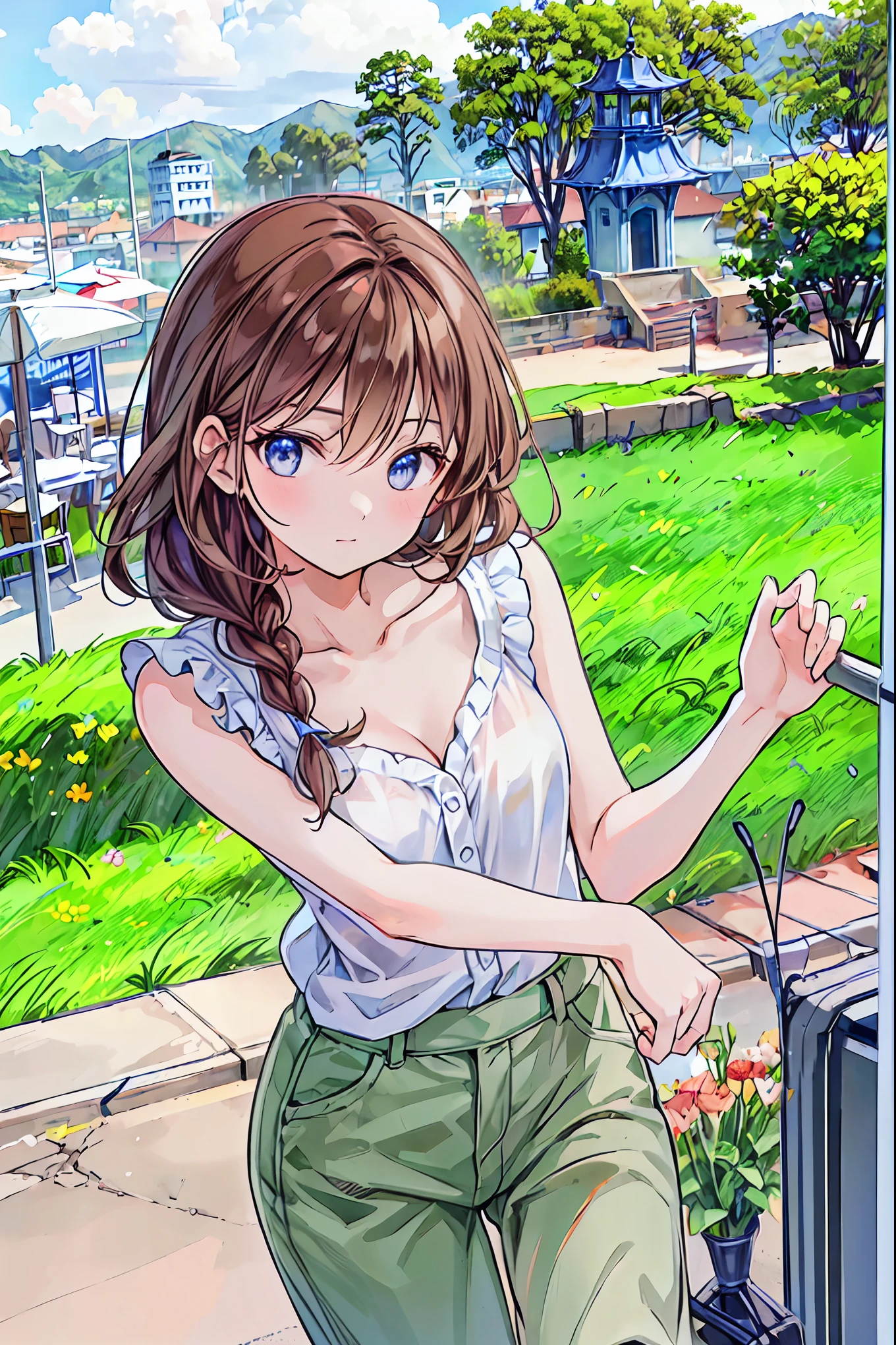 ((masterpiece)), (Anime:1.5), ((Best Quality)), (RAW Photos:1.2), (High resolution:1.3), ( professional photography:1.2), (  chromatic avalations), One Girl, (()), (Serious), (Beautiful brown eyes:1.3),  viewers, Plain Shirt, O-ring, Messy Hair, Medium Hair, ( If you put your hand inside your pants  ), ((Take off your work pants)), 明るいBrown Hair, (Small breasts), Cute waist, Outdoor, ((Top of the big bell tower))，Brown Hair，Shortcuts，My hair is messy，Short braided hair，Neat，Slender beauty，hole々Positive Attitude，Small breasts，Beautiful legs，  Her enchanting gray-blue eyes sparkle like stars.，Vibrant colors, beautiful eyes,A delicate smile, textured skin,Best Qualityのものが最高,  gentle and beautiful woman  ,Anime風､