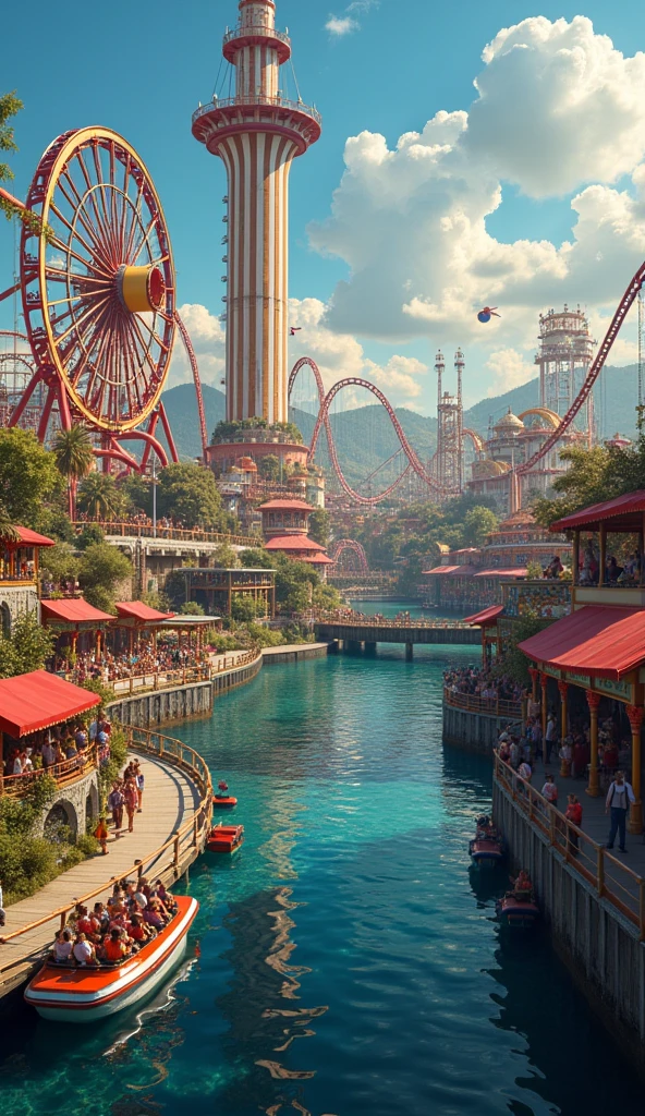 A thrilling amusement park designed as an ultimate escape from daily challenges, featuring extreme rides like a looping roller coaster that twists through fiery tunnels, a dizzying drop tower that takes riders to the sky before plunging them rapidly down, and an exhilarating bungee jump over a scenic lake. The park is adorned with vibrant lights and colorful decorations, bustling with excited visitors. There are food stalls offering a variety of delicious treats and a lively atmosphere filled with laughter and screams of joy. Everyone feels the rush of adrenaline, making it a place so unforgettable that every visitor will eagerly vote to return.