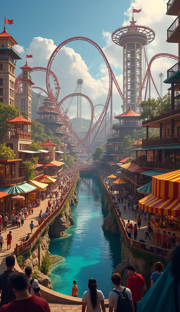 A thrilling amusement park designed as an ultimate escape from daily challenges, featuring extreme rides like a looping roller coaster that twists through fiery tunnels, a dizzying drop tower that takes riders to the sky before plunging them rapidly down, and an exhilarating bungee jump over a scenic lake. The park is adorned with vibrant lights and colorful decorations, bustling with excited visitors. There are food stalls offering a variety of delicious treats and a lively atmosphere filled with laughter and screams of joy. Everyone feels the rush of adrenaline, making it a place so unforgettable that every visitor will eagerly vote to return.