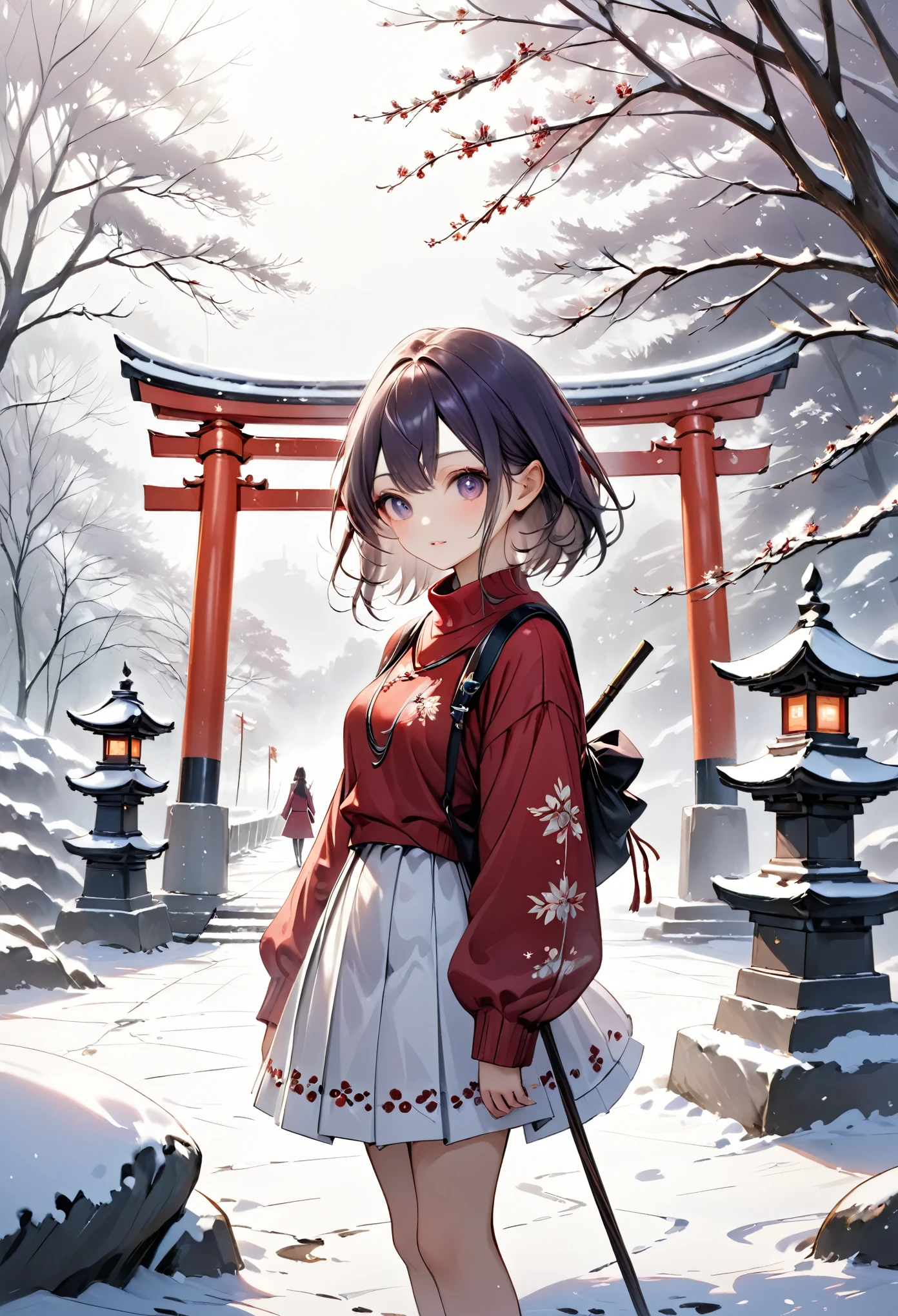 masterpiece, best quality, ultra-detailed, a young girl standing firmly with a red traditional umbrella in a snow-filled landscape, her posture is resolute, as if facing an unseen challenge, she wears a richly decorated red sweater and a white skirt, adding a touch of elegance to her winter attire, behind her, an eerie statue emerges, shrouded in dark, purple-tinted mist, the sky is overcast, casting a soft, grey light over the scene, far in the background, snow-covered torii gates and stone lanterns contribute to the sacred, solemn feel of the environment, there is a palpable tension in the air, as if the stillness is about to break.