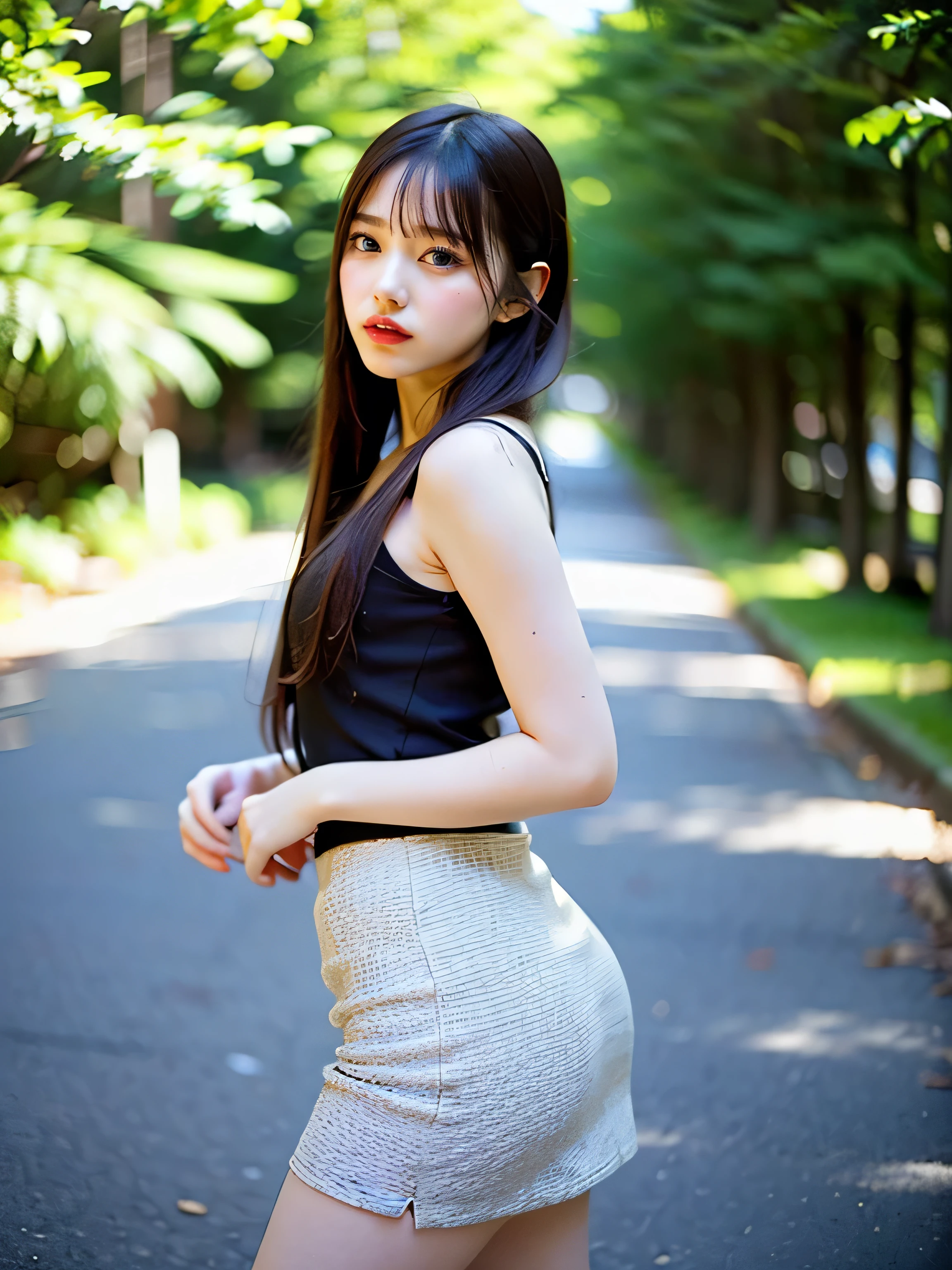 ((highest quality)), (be familiar with), beautiful girl, Realistic skin, one person, no cut, Slender, baby face, Photo like, Cosplayer, outdoor, Tight skirt, very beautiful ass, back shot, Bend, chiaroscuro, ((masterpiece)), 16k, textured skin, super detail