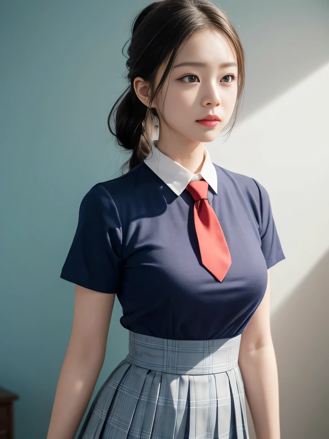 A cute girl is confined and tied up、A room with the lights on at night、Blue semi-long skirt、Red short sleeve shirt、Are standing、Beauty、Age 25、Medium build、Outside the window is night、Like real life、highest quality、