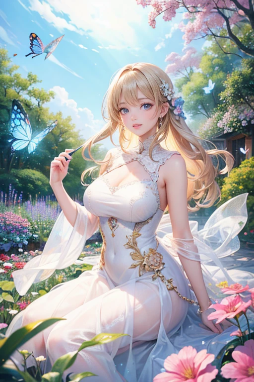 (((White French Maid: 1.11))), (((Skin is more exposed)), ta, Young wife, Japan, 16 yrl, Smile, Long hair, White hair, White stockings, Full ribbon, Whitish costume, Full body, (((Angle to see breasts from above)), Pleated skirt that is too short, (Big: 1.41), Breasts pulled up, Chest lifting, (Slender body), Young wife, fairy, feather, flower garden, grassland, cosmos all over the place, flowers dancing