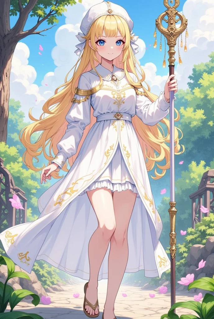 Best Quality, masterpiece,  1 girl , (Alone:1.1),  ray tracing, Super detailed,Detailed face, 8K wallpaper, Wide Hips, smile, Priestess NDV ,  1 girl , Blonde, blue eyes, medium breasts, Long Hair, White Dress,  white headwear, Thigh length, Have, Outdoor,  Holding Staff 