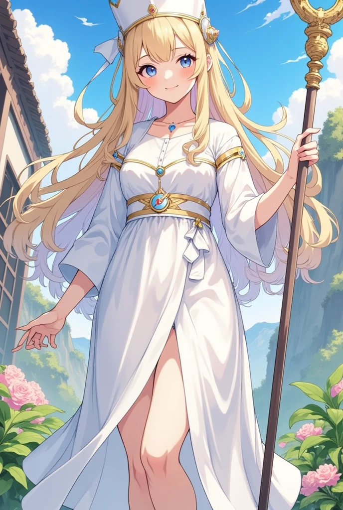 Best Quality, masterpiece,  1 girl , (Alone:1.1),  ray tracing, Super detailed,Detailed face, 8K wallpaper, Wide Hips, smile, Priestess NDV ,  1 girl , Blonde, blue eyes, medium breasts, Long Hair, White Dress,  white headwear, Thigh length, Have, Outdoor,  Holding Staff 